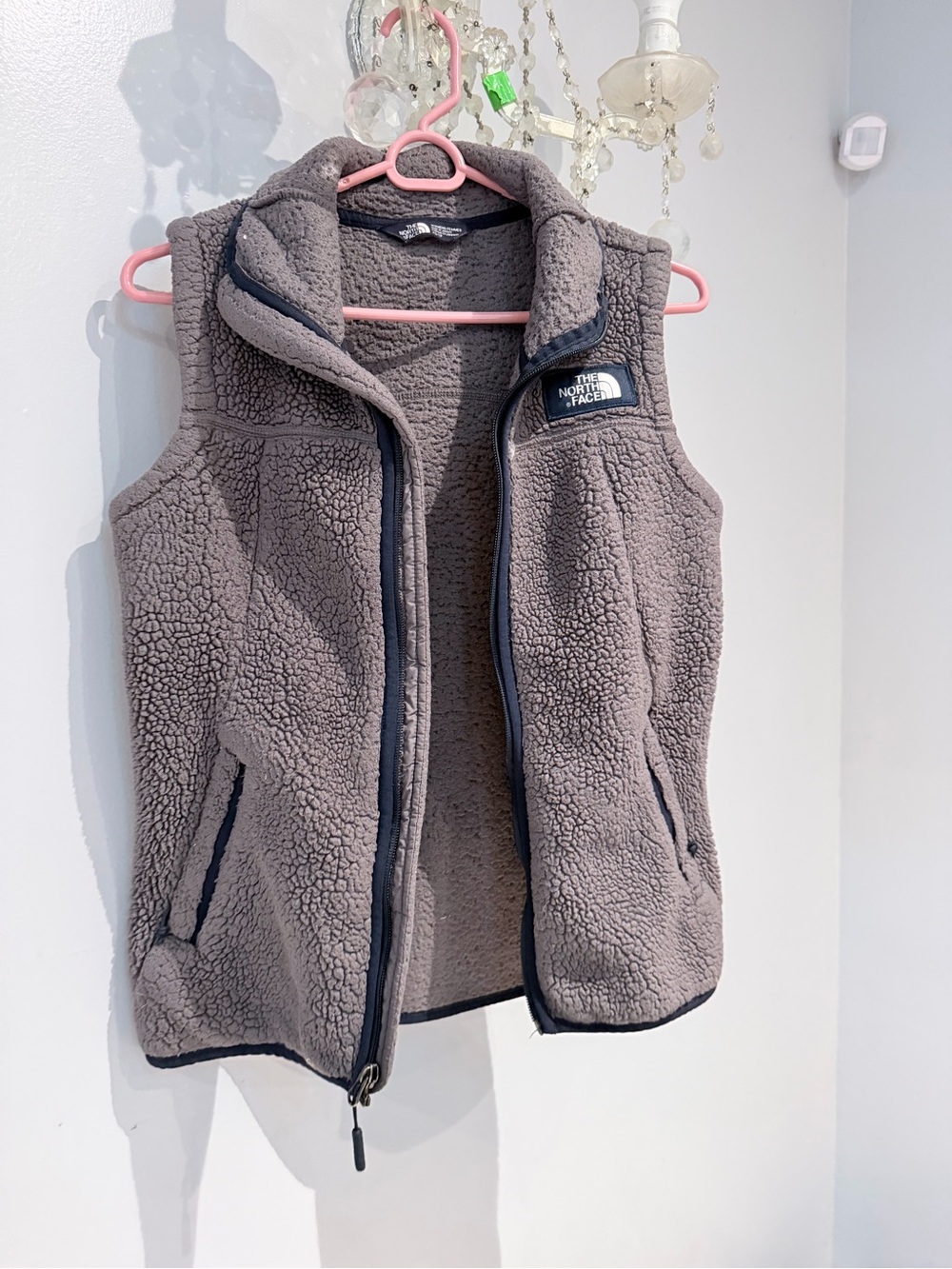 The North Face Women’s  Gray Sherpa Vest with Navy Trim
